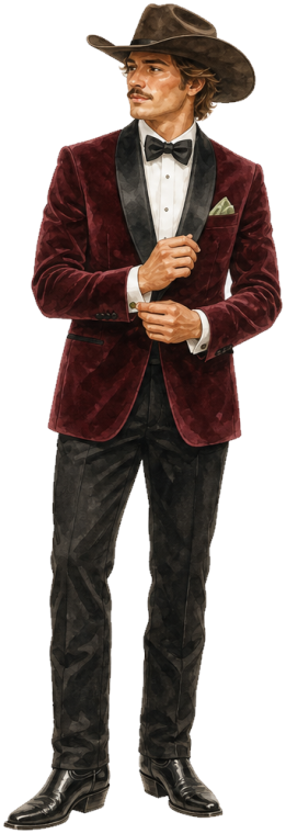 Men's outfit idea: burgundy velvet dinner jacket, black bow tie, brown cowboy hat, black cowboy boots, sage pocket square