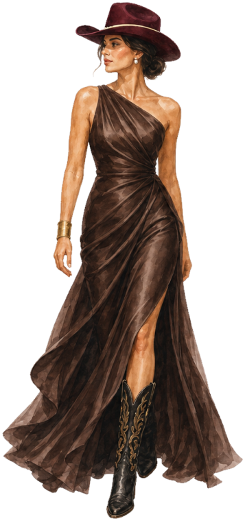 Women's outfit idea: chocolate brown one-shoulder gown, burgundy cowboy hat, gold jewellery, black cowboy boots